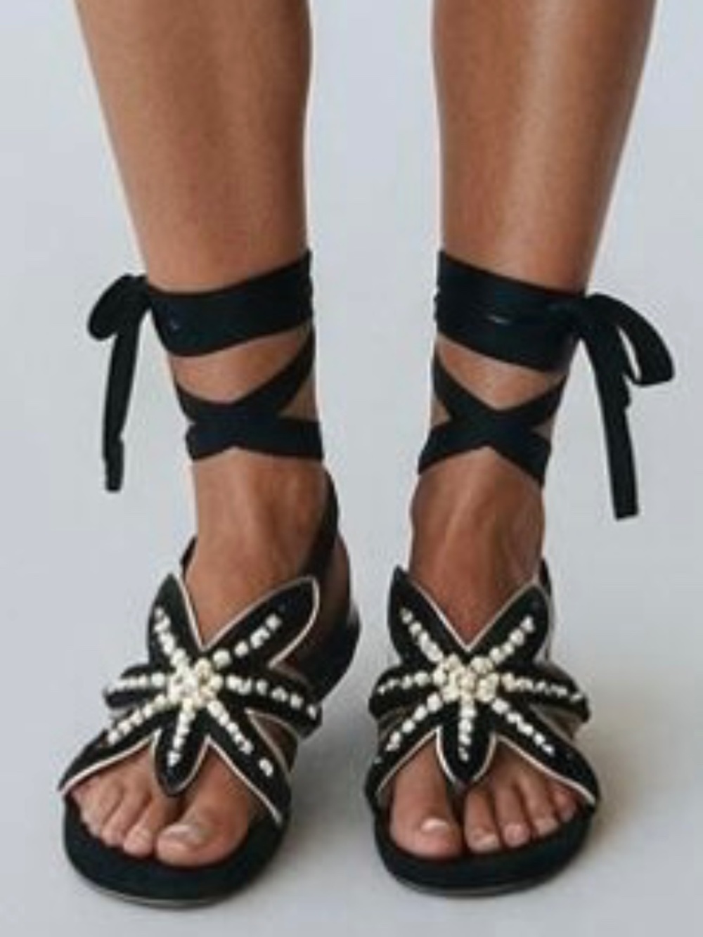 Tory Burch Navy Blue Pearl-Embellished Starburst Lace-Up Sandals - Size 8